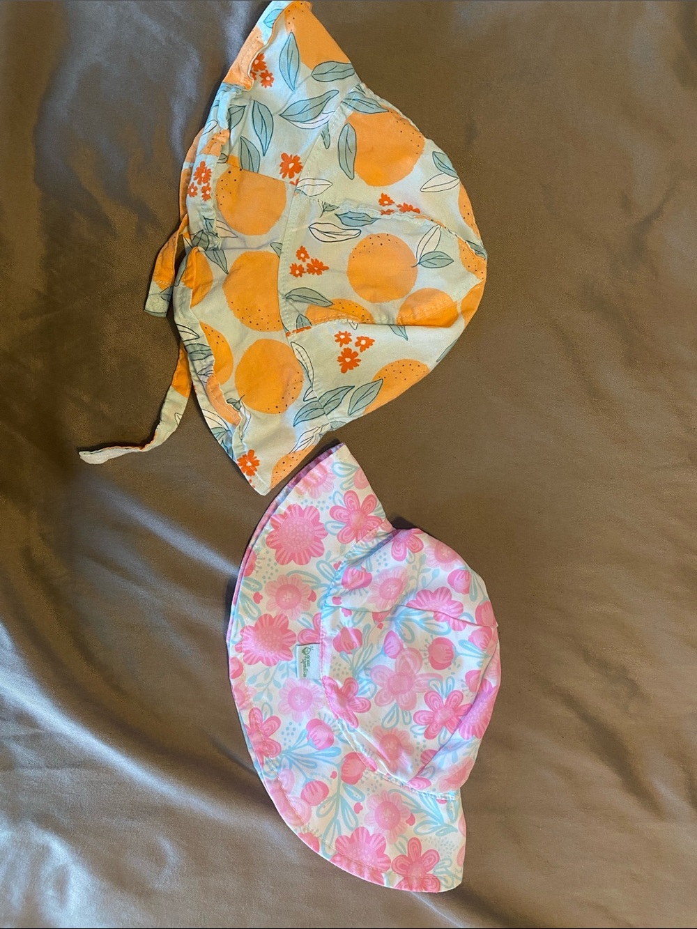 Reversible Kids Sun Hat - Pink Floral & Orange Fruit